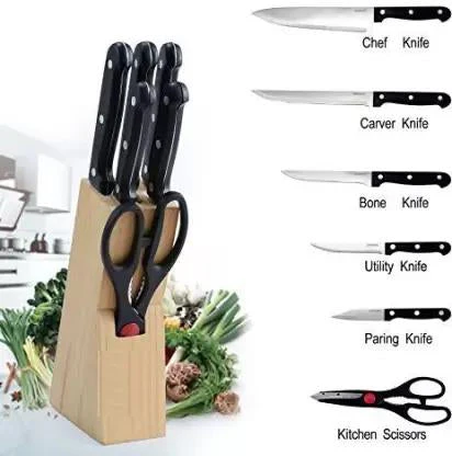 Kitchen Knife Set with Wooden Block and Scissors, Chhari (5 pcs, Black) - Image 10