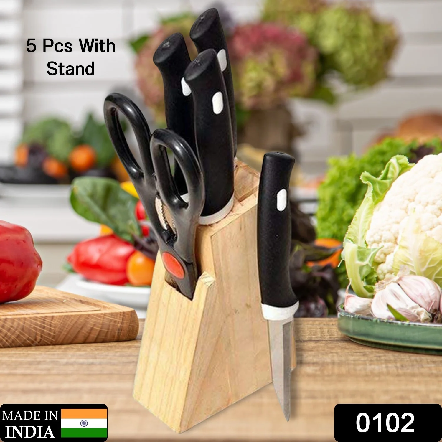 Kitchen Knife Set with Wooden Block and Scissors, Chhari (5 pcs, Black) - Image 2