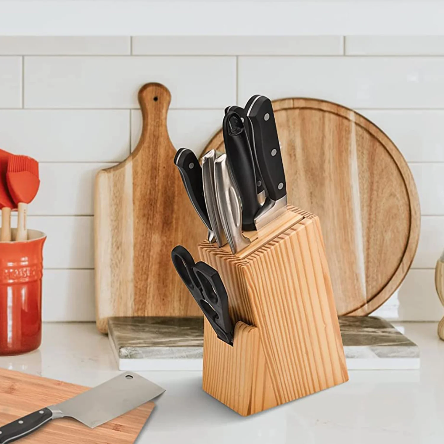 Kitchen Knife Set with Wooden Block and Scissors, Chhari (5 pcs, Black) - Image 6