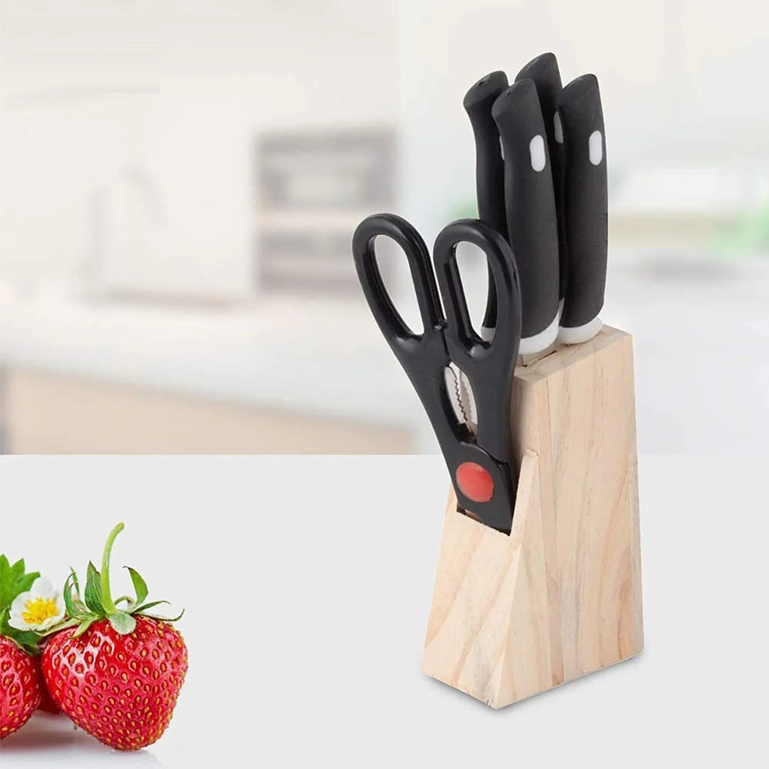 Kitchen Knife Set with Wooden Block and Scissors, Chhari (5 pcs, Black) - Image 7