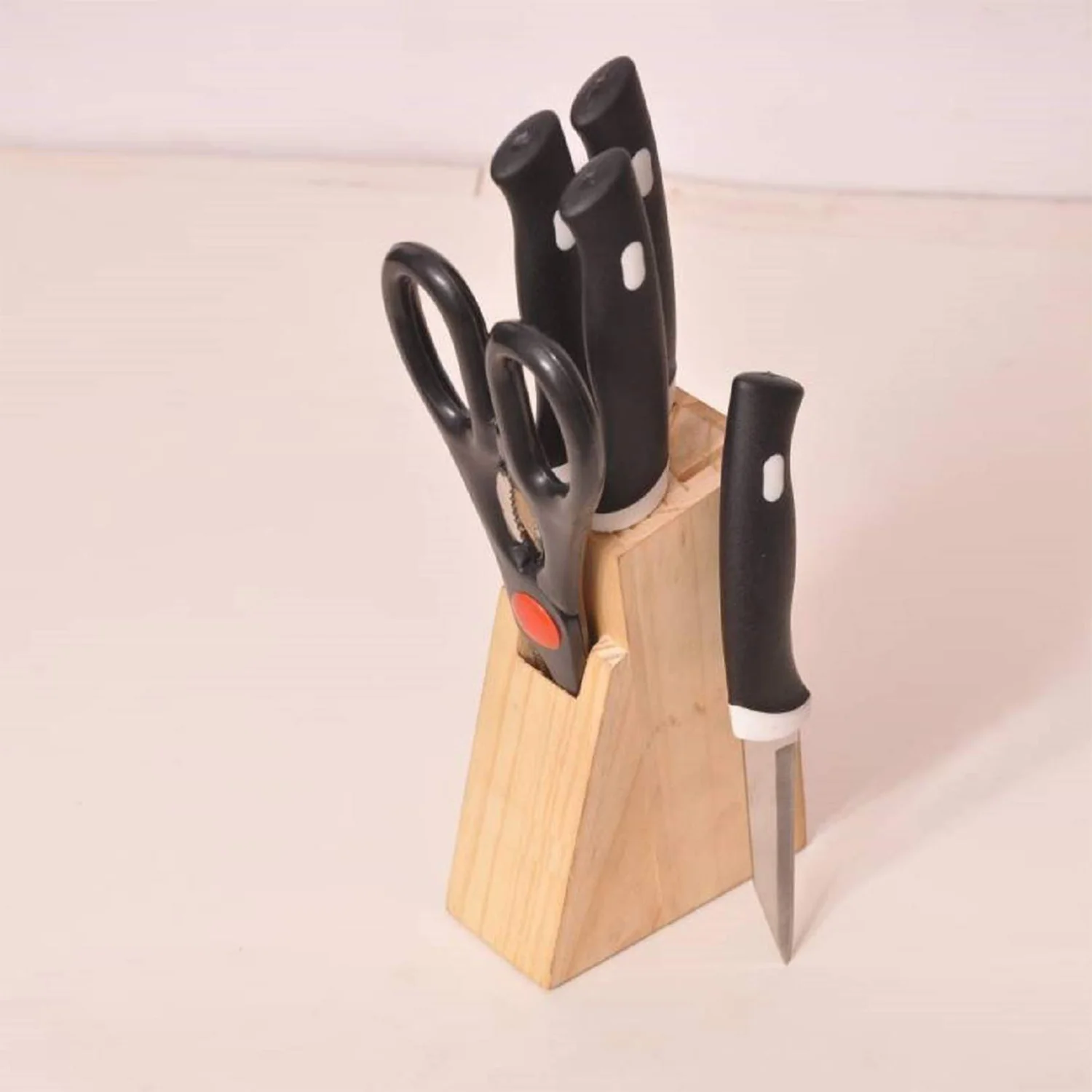 Kitchen Knife Set with Wooden Block and Scissors, Chhari (5 pcs, Black) - Image 9