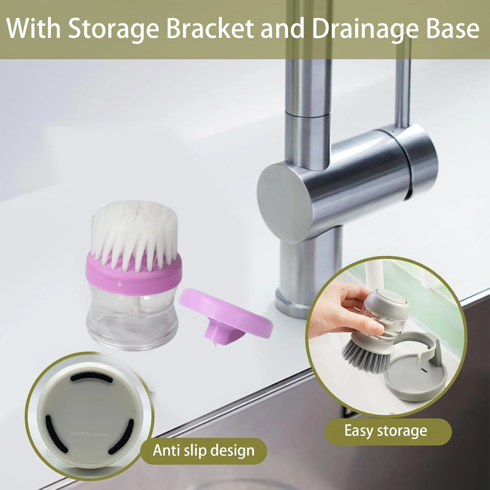 Plastic Wash Basin Brush Cleaner with Liquid Soap Dispenser (Multicolour) - Image 3