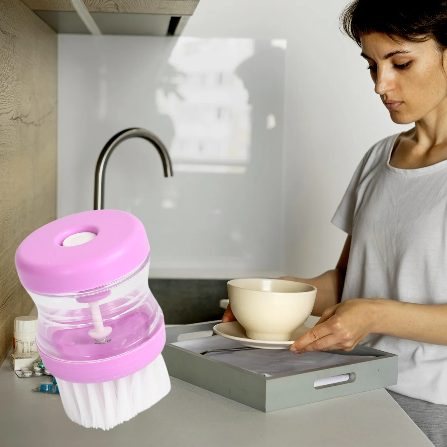 Plastic Wash Basin Brush Cleaner with Liquid Soap Dispenser (Multicolour) - Image 9