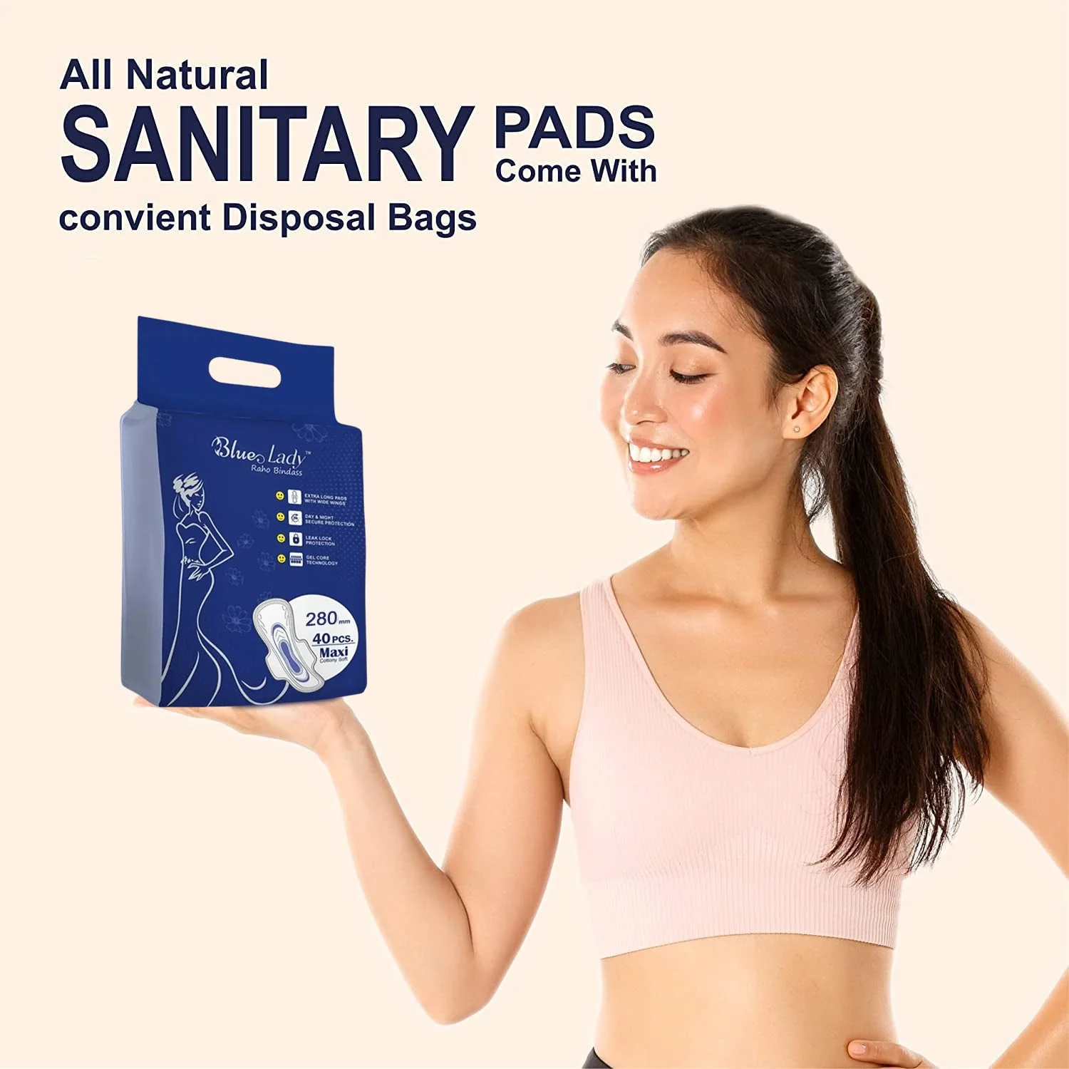 Beautiful Basics Blue Lady Long Pads With Wides Wings Sanitary Pads – 280 mm, 40-Pack - Image 6