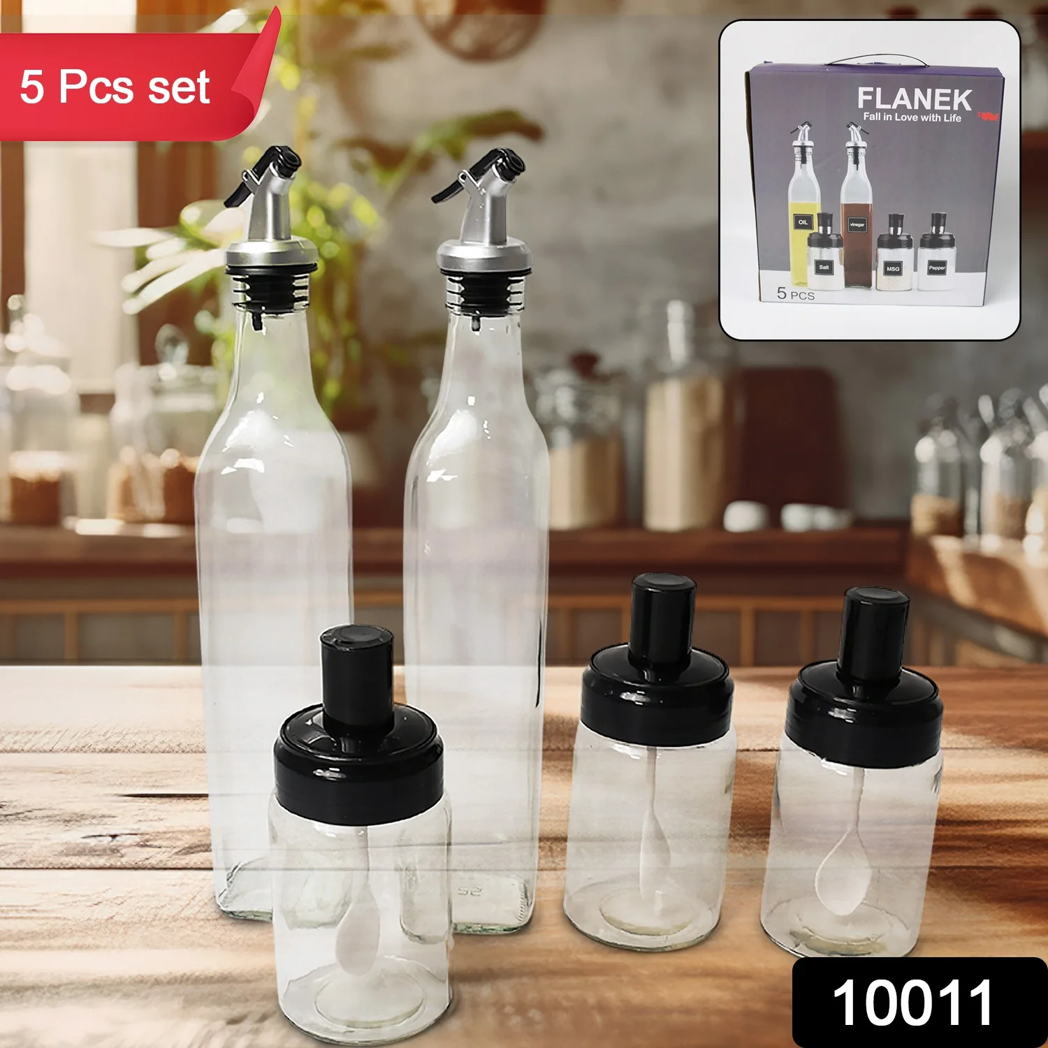 Transparent Glass Oil Dispenser 500 ML Bottle Set of 2, Spice Jar 250 ML Set of 3, Oil Bottle for Kitchen, Oil & Vinegar Storage Glass Bottle, Glass Container for Spice, Masala (5 Pcs Set) - Image 2