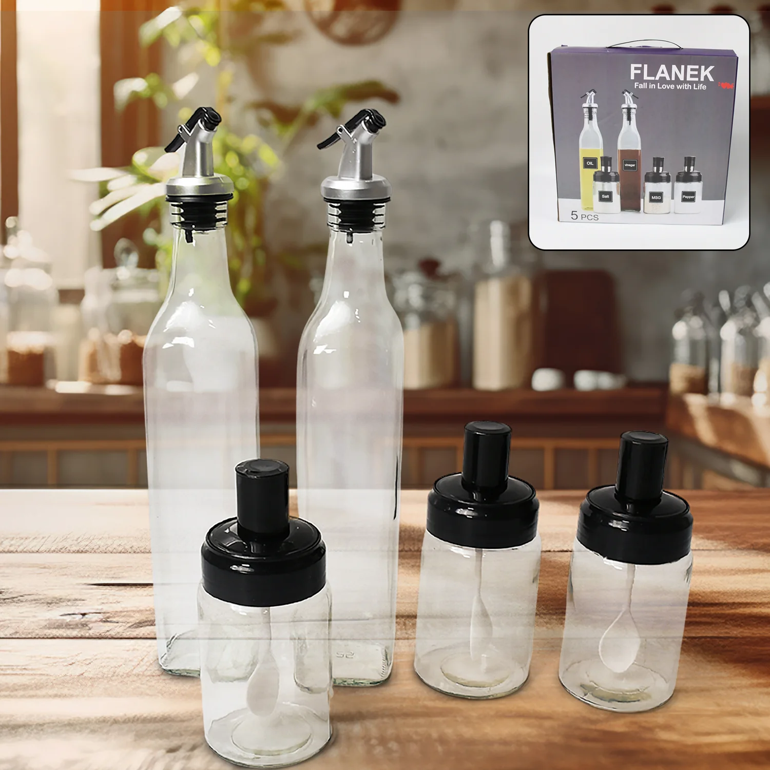 Transparent Glass Oil Dispenser 500 ML Bottle Set of 2, Spice Jar 250 ML Set of 3, Oil Bottle for Kitchen, Oil & Vinegar Storage Glass Bottle, Glass Container for Spice, Masala (5 Pcs Set) - Image 3