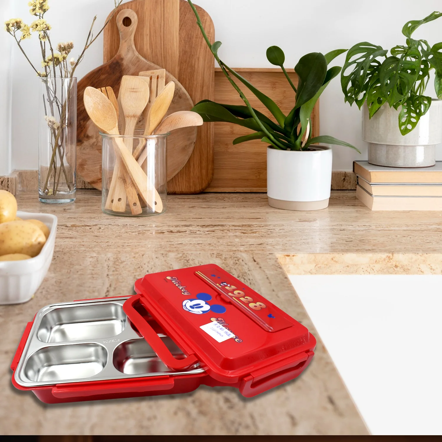 Cartoon Printed 4-Compartment Insulated Lunch Box for Kids - Image 4