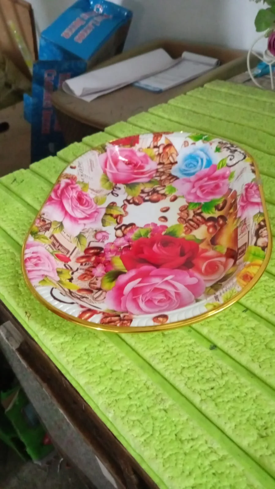 Big Plastic Flower Printed Design Serving Tray (1 Pc / 35 x 24 CM / Mix Color) - Image 10