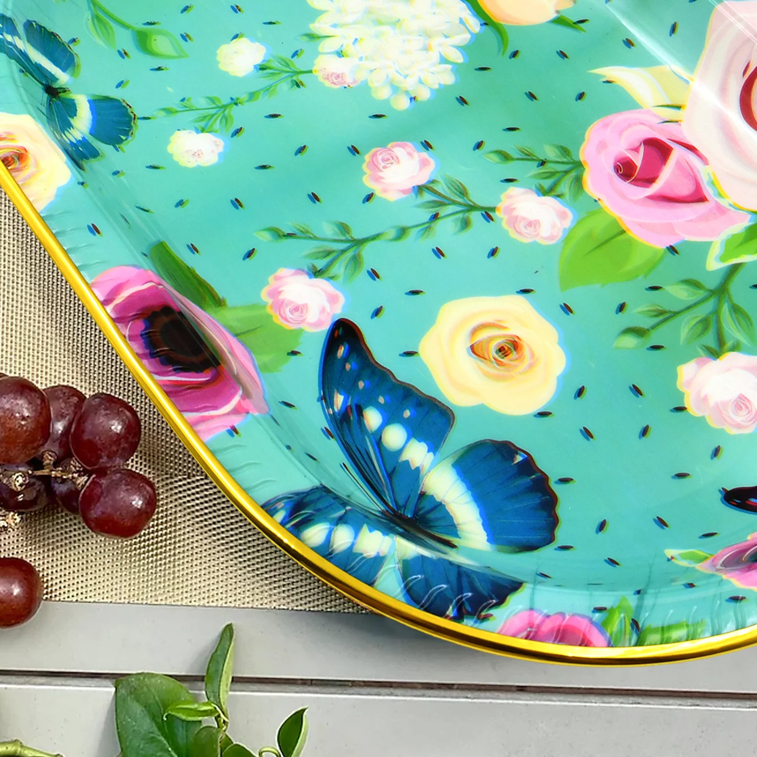 Big Plastic Flower Printed Design Serving Tray (1 Pc / 35 x 24 CM / Mix Color) - Image 8