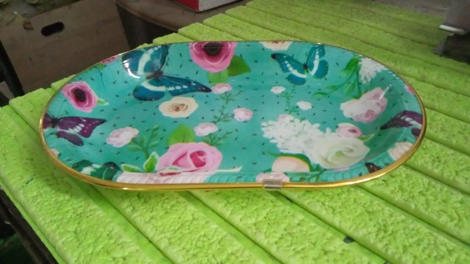 Big Plastic Flower Printed Design Serving Tray (1 Pc / 35 x 24 CM / Mix Color) - Image 9