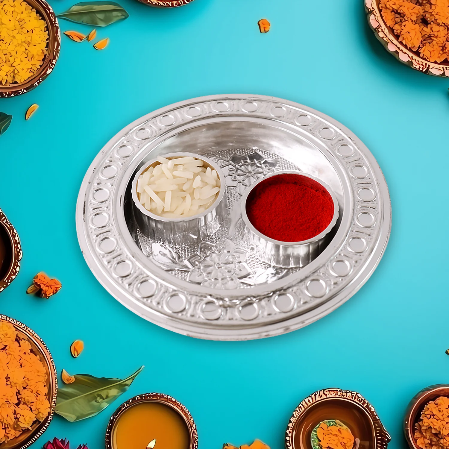 Round Shape Special Puja Thali, Kumkum Thali Holder (1 Pc / Small) - Image 3