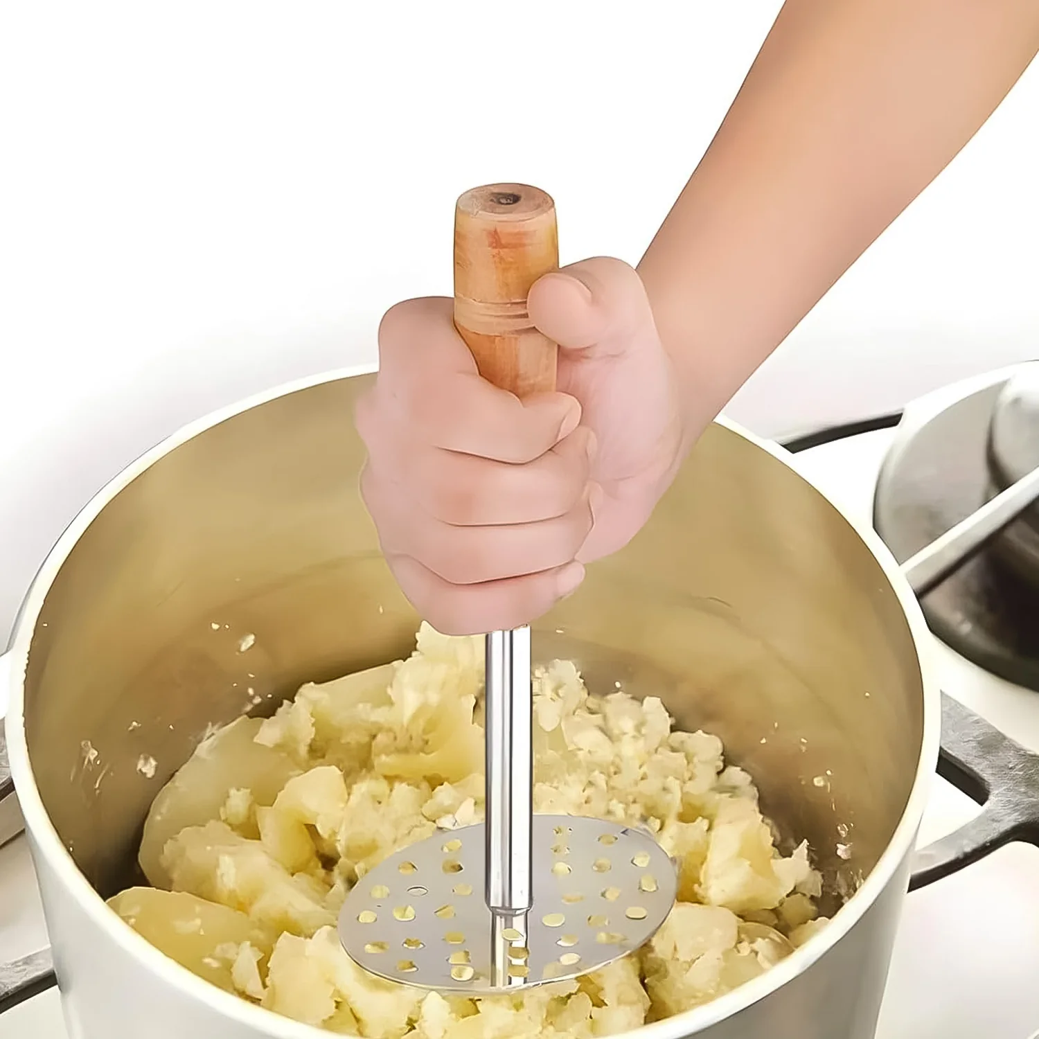 Stainless Steel Potato Masher / Pav Bhaji Masher with Wooden Handle (1 Pc) - Image 4