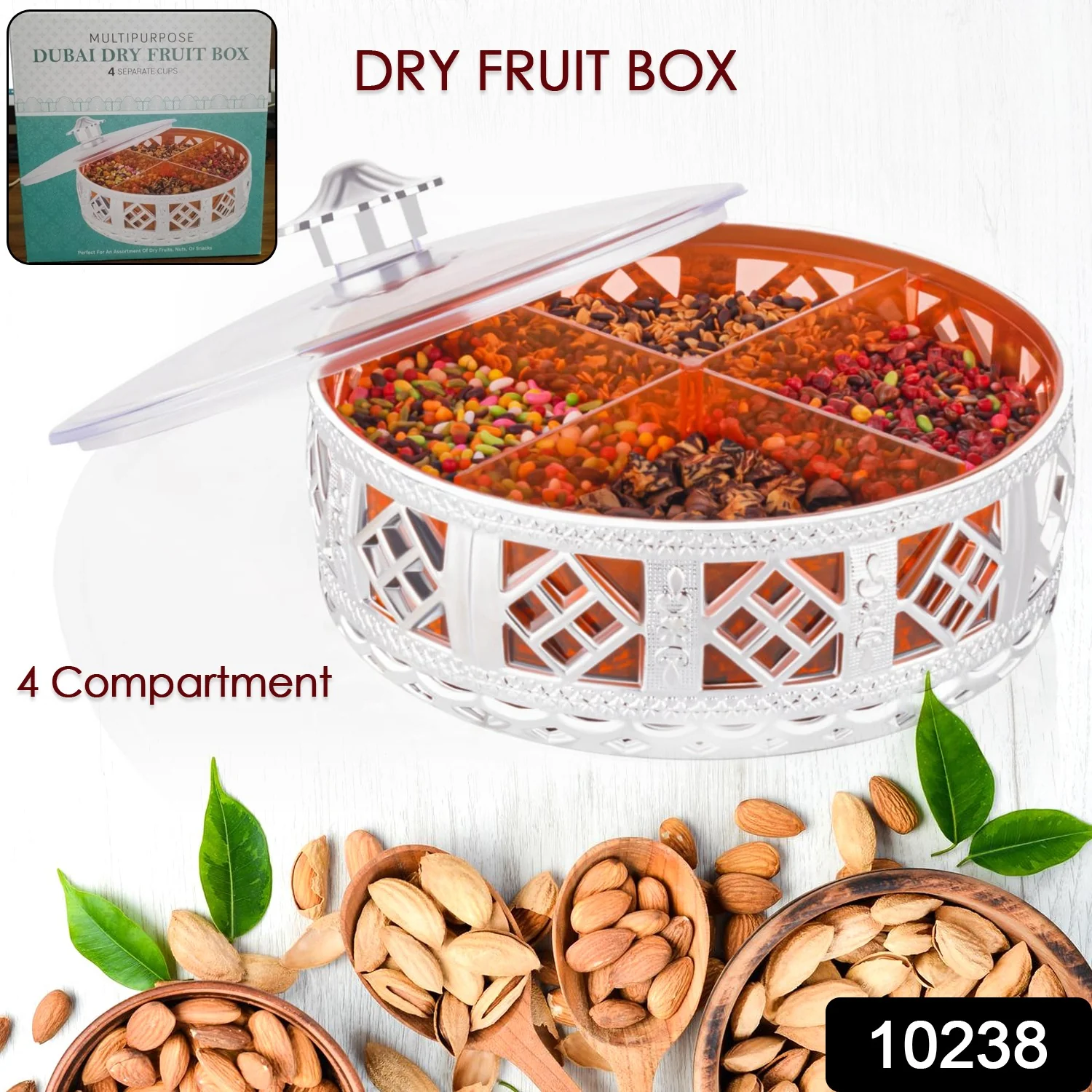 Multipurpose Dry Fruit Box 4 Section Dry Fruit Round Silver Gift Box (1 Pc) - Image 2