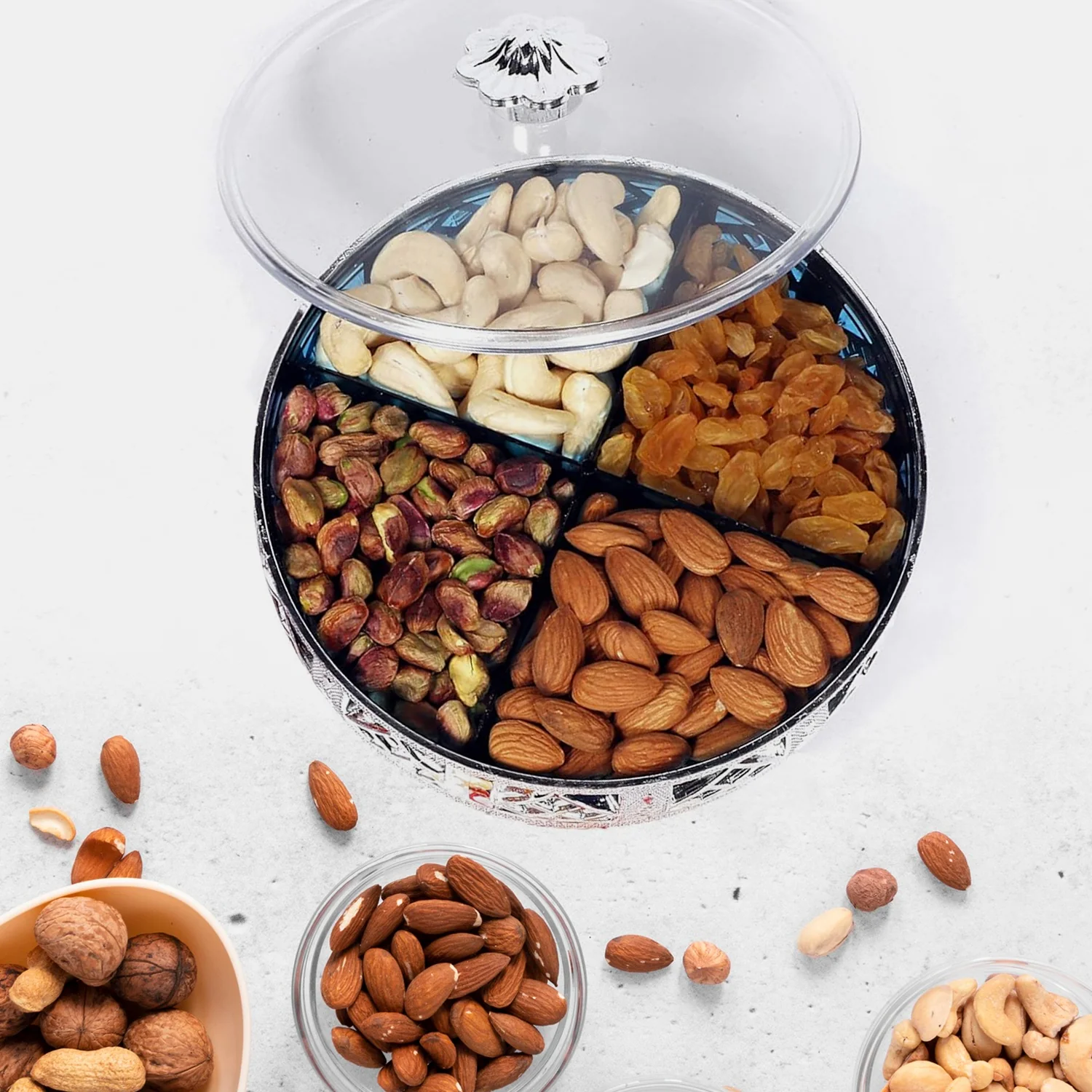 Multipurpose Dry Fruit Box 4 Section Dry Fruit Round Silver Gift Box (1 Pc) - Image 3
