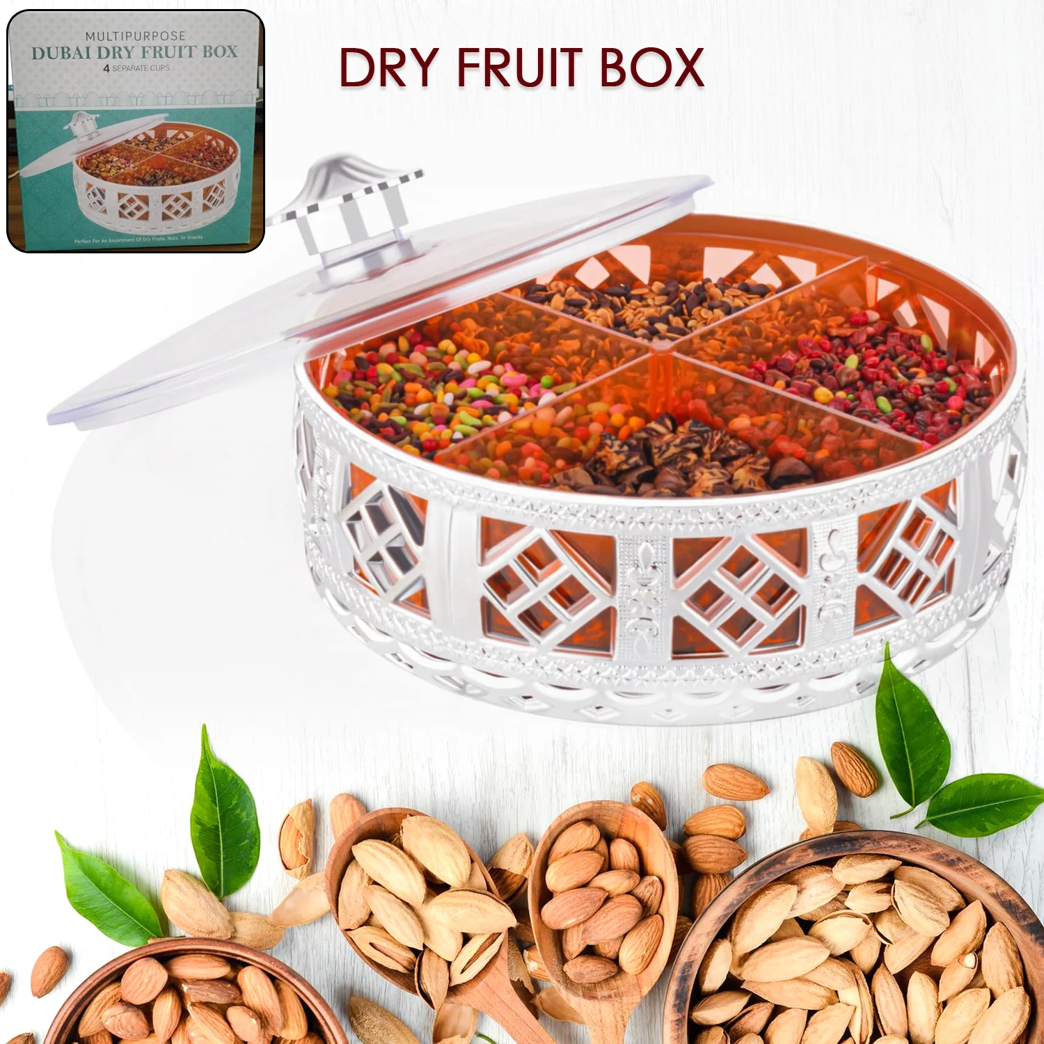 Multipurpose Dry Fruit Box 4 Section Dry Fruit Round Silver Gift Box (1 Pc) - Image 4