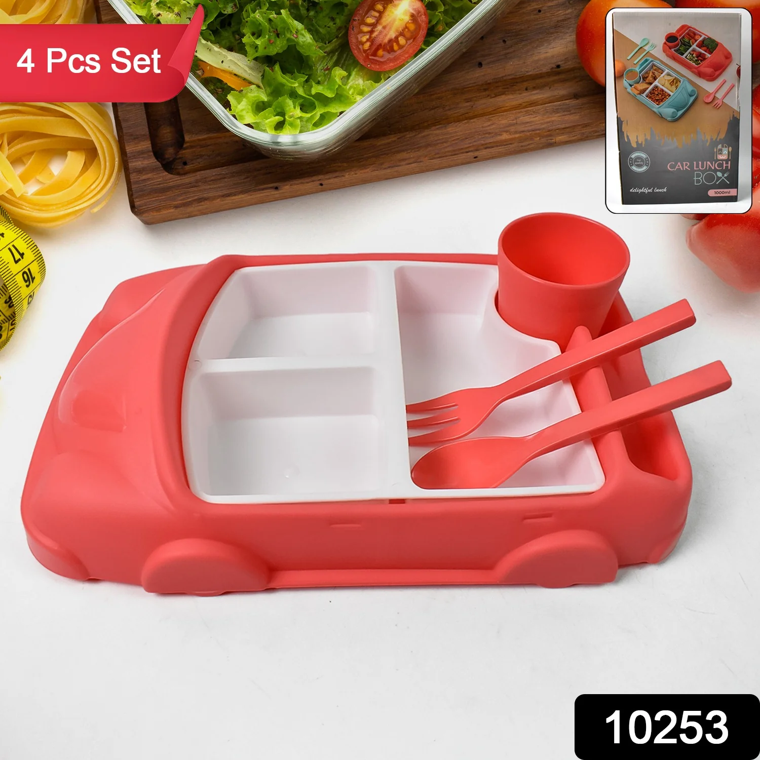 Kid's Car Shaped Plates Cup / Lunch Box Dinnerware (4 Pcs Set / 1000 ML Lunch Box) - Image 2