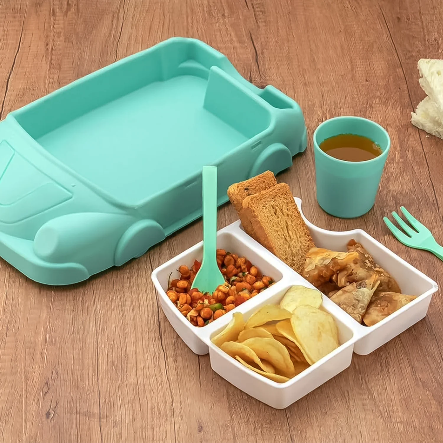 Kid's Car Shaped Plates Cup / Lunch Box Dinnerware (4 Pcs Set / 1000 ML Lunch Box) - Image 3