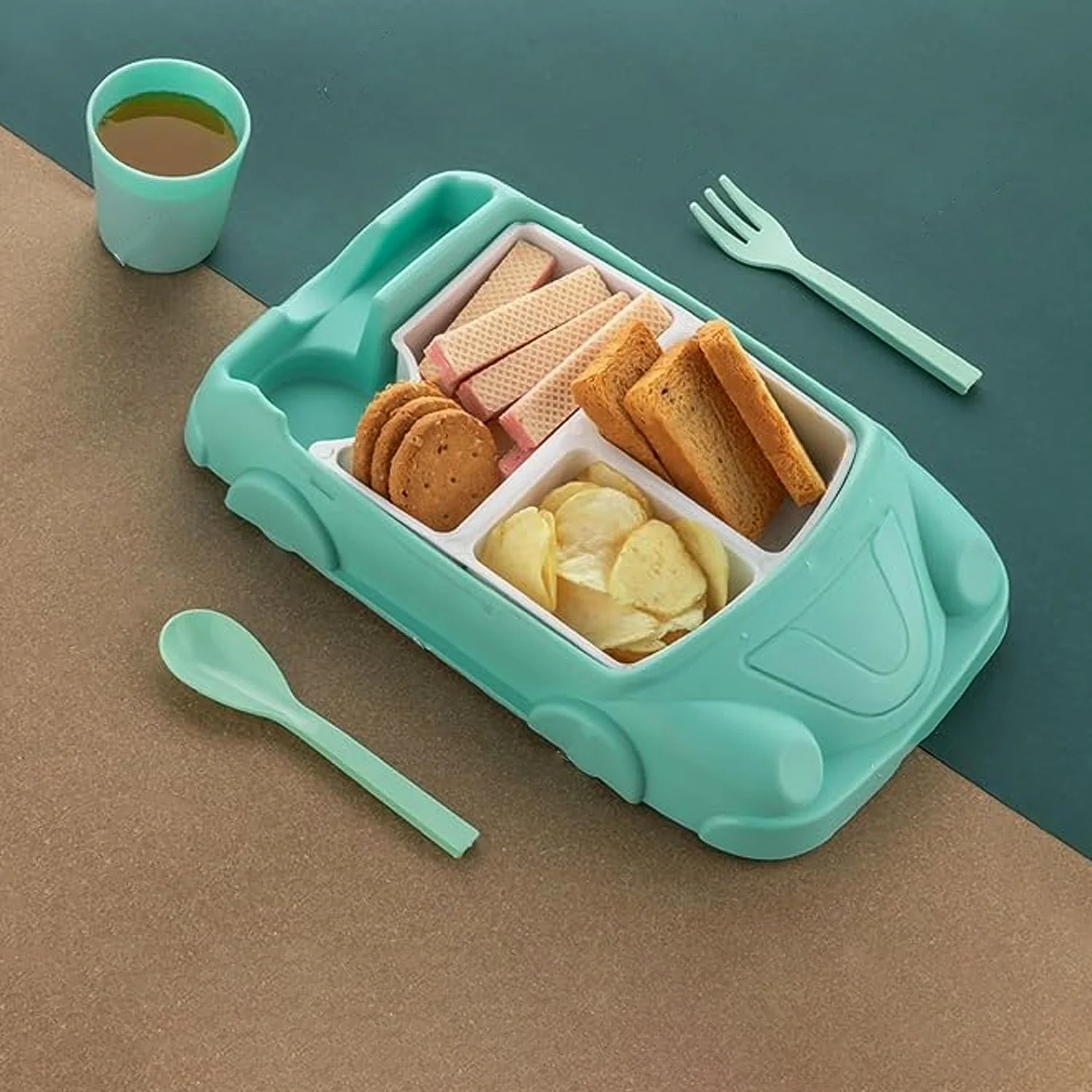 Kid's Car Shaped Plates Cup / Lunch Box Dinnerware (4 Pcs Set / 1000 ML Lunch Box) - Image 6