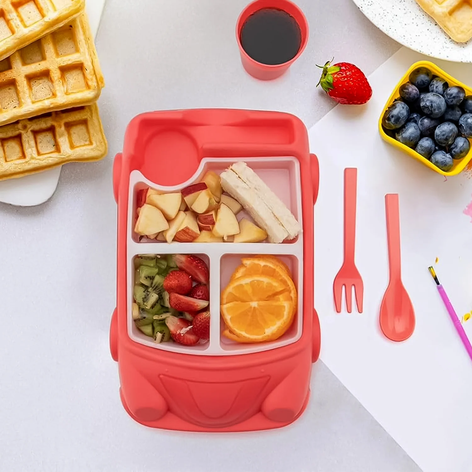 Kid's Car Shaped Plates Cup / Lunch Box Dinnerware (4 Pcs Set / 1000 ML Lunch Box) - Image 7