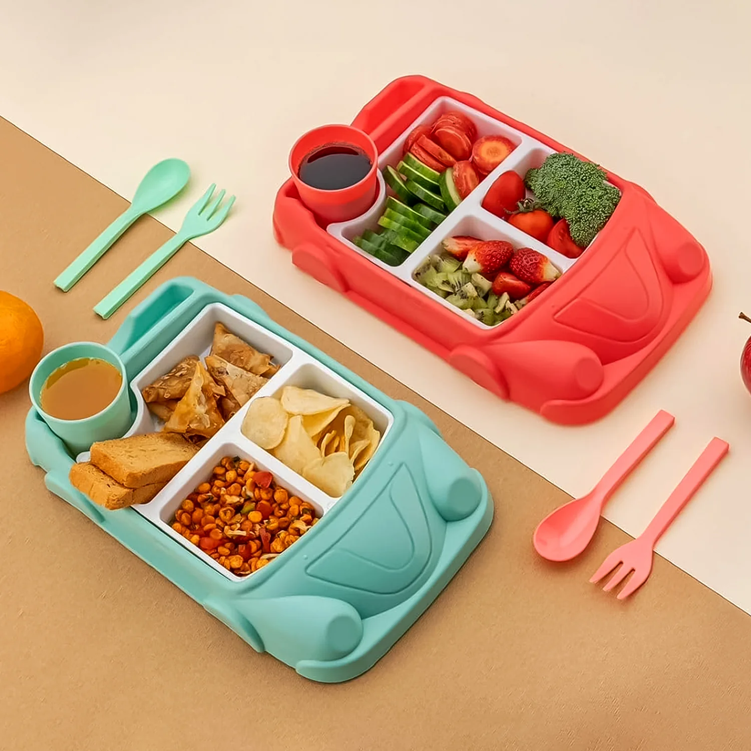 Kid's Car Shaped Plates Cup / Lunch Box Dinnerware (4 Pcs Set / 1000 ML Lunch Box) - Image 9