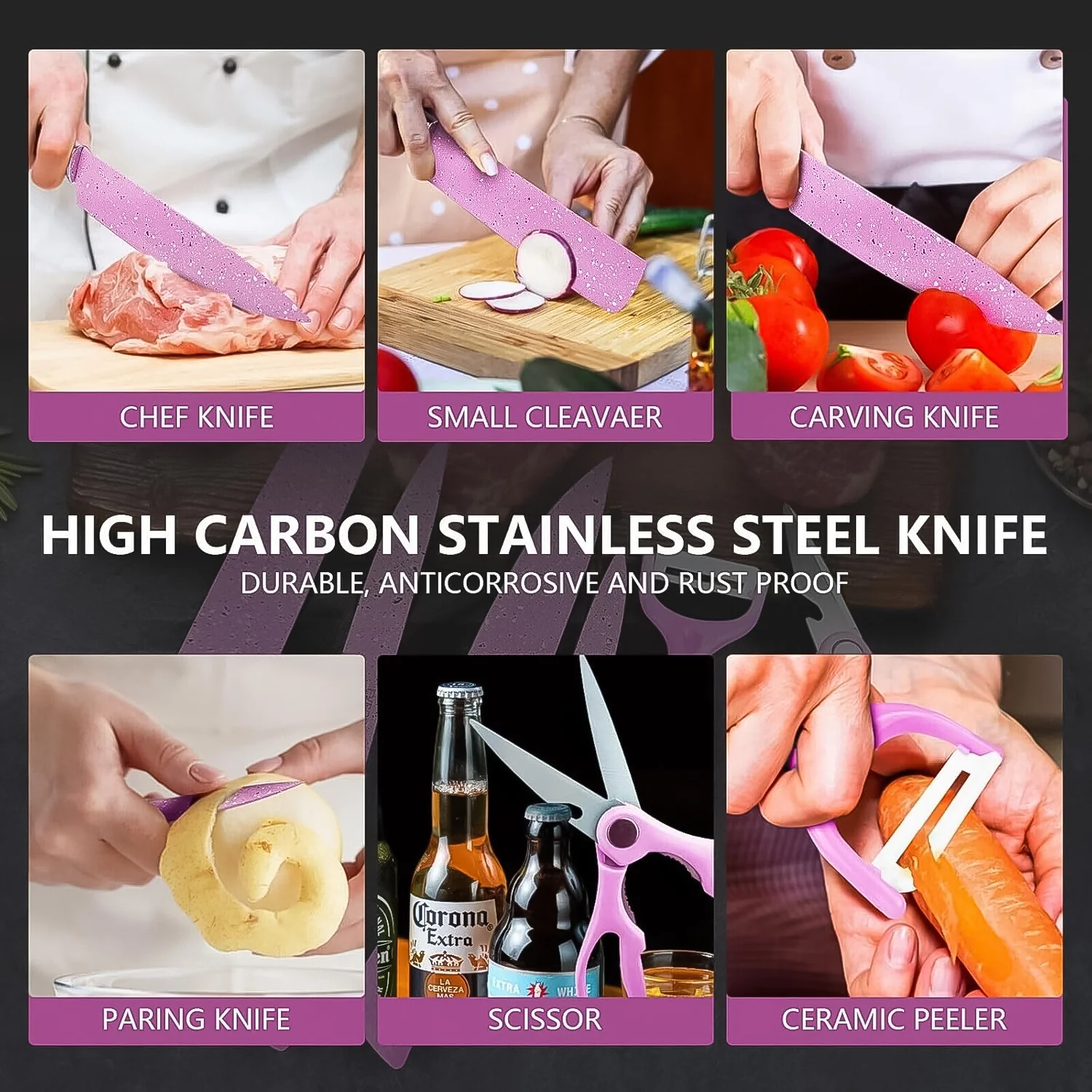 Stainless Steel Non Stick Ceramic Coating 6 Pcs Chef Kitchen Knife Set - Image 3