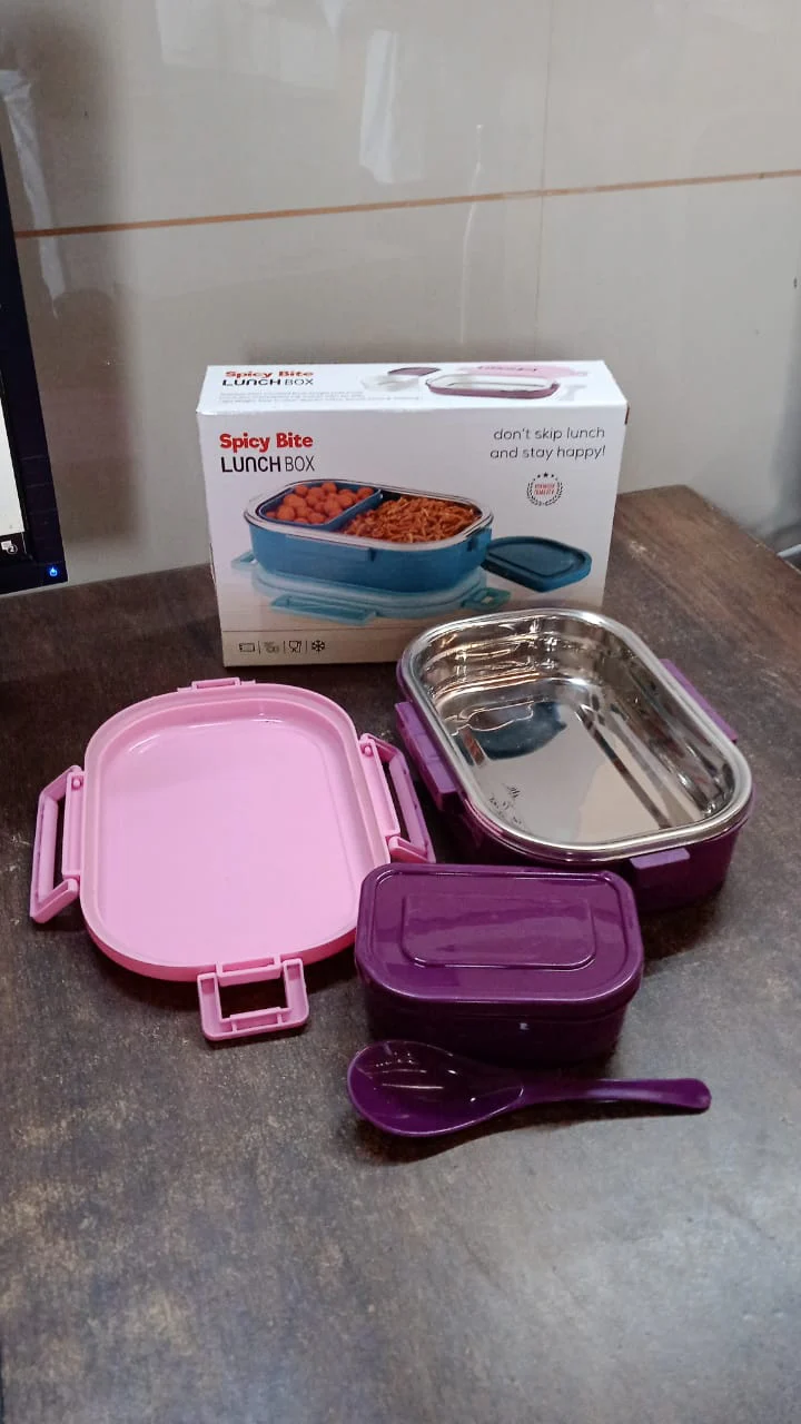 3 in 1 Spicy Bite Stainless Steel Lunch Box With Plastic Small Box & Spoon (1 Set) - Image 7