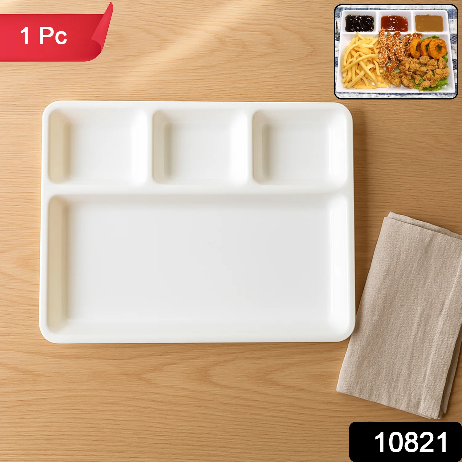 Plastic 4-Compartment Rectangular Meal Serving Tray / Plate (1 Pc / White) - Image 2