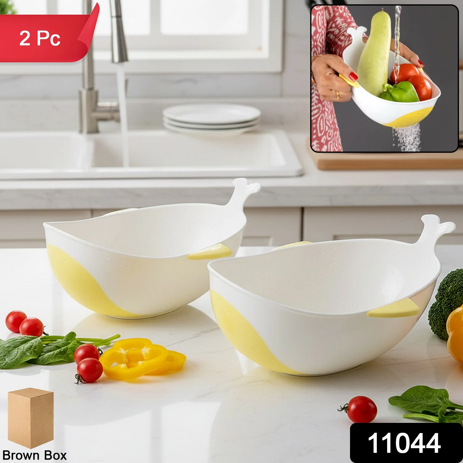 Plastic Rice Pulses Fruits Vegetable Noodles Pasta Washing Bowl and Strainer (2 Pc) - Image 2