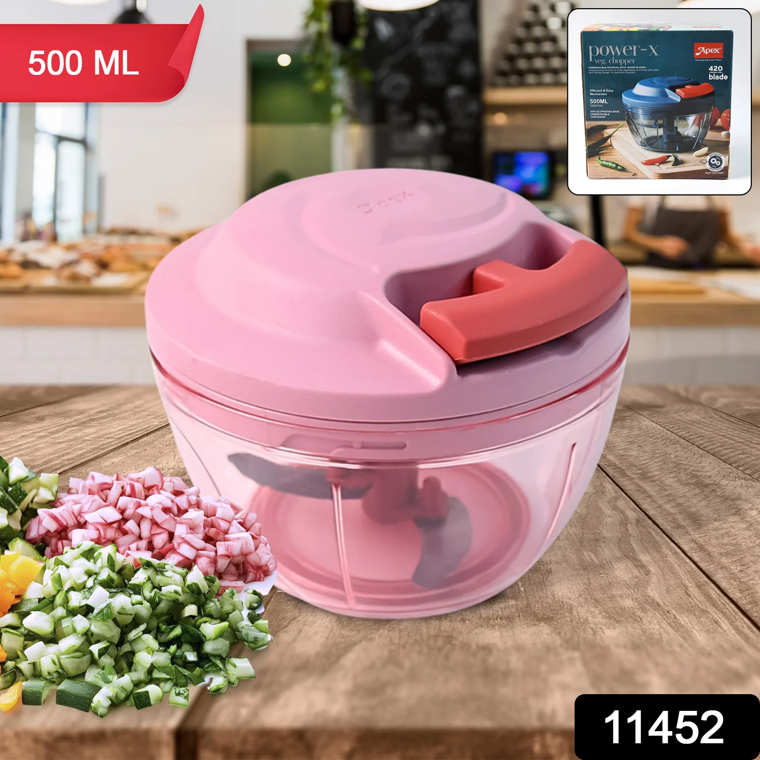 Apex Power-X Triple Stainless Steel Blades and Hand-Pull Vegetable Chopper (500Ml) - Image 2