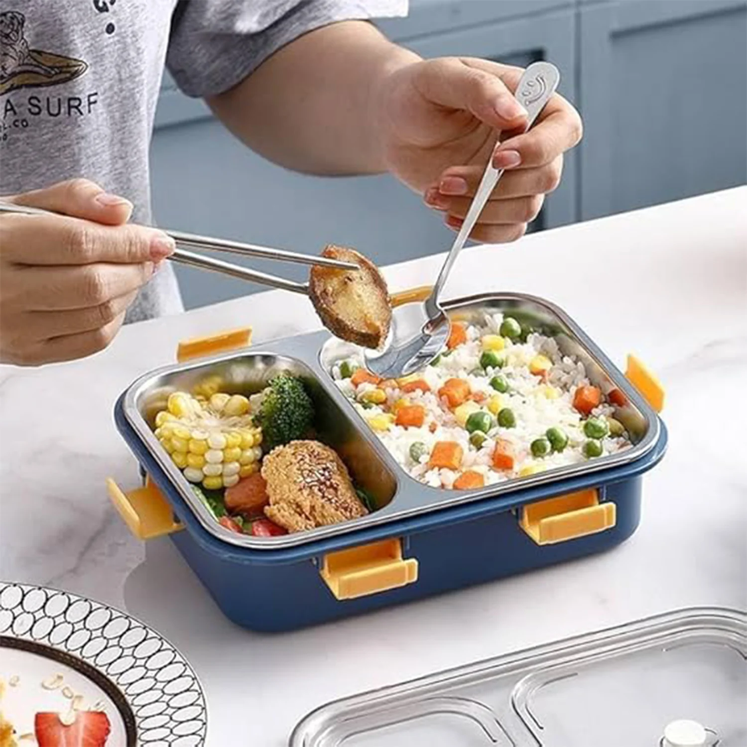 Stainless Steel Lunch Box 2 Section Lunch Box With Spoon - Image 6