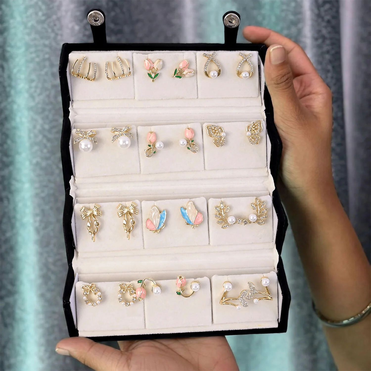 Korean Anti Tarnish Earrings Combo Set With Velvet Box for Women And Girls (12 Pair) - Image 2