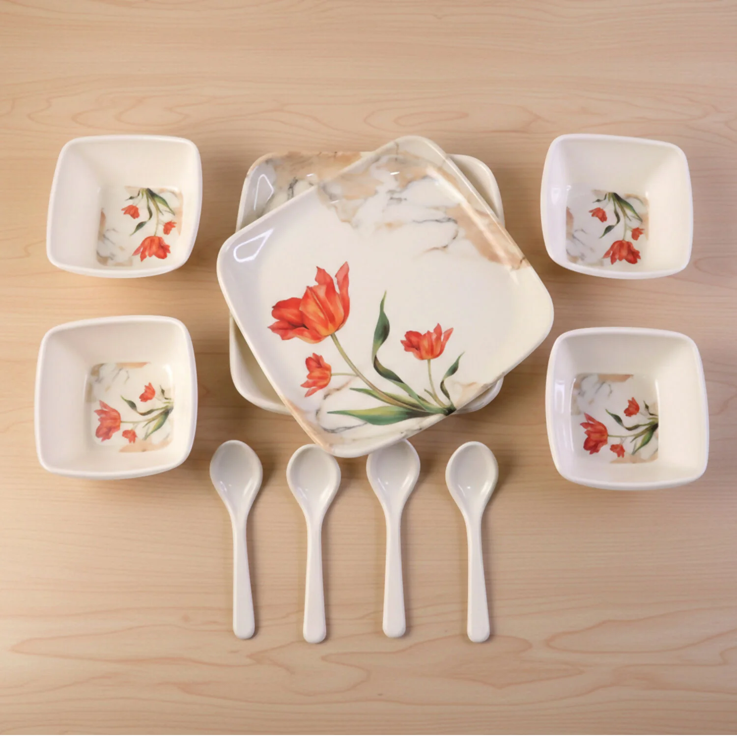 12-Piece Floral Ceramic Dinner Set with Plates, Bowls & Spoons - Image 3