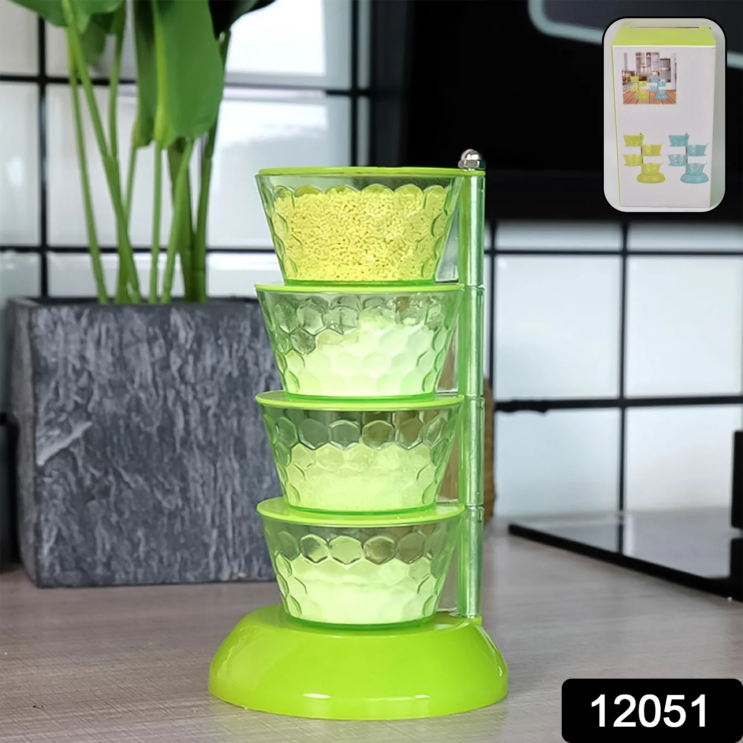4 Section 360° Rotating Box Plastic Pickle Tower Spice Rack with 4 Spoons 1 Set - Image 2
