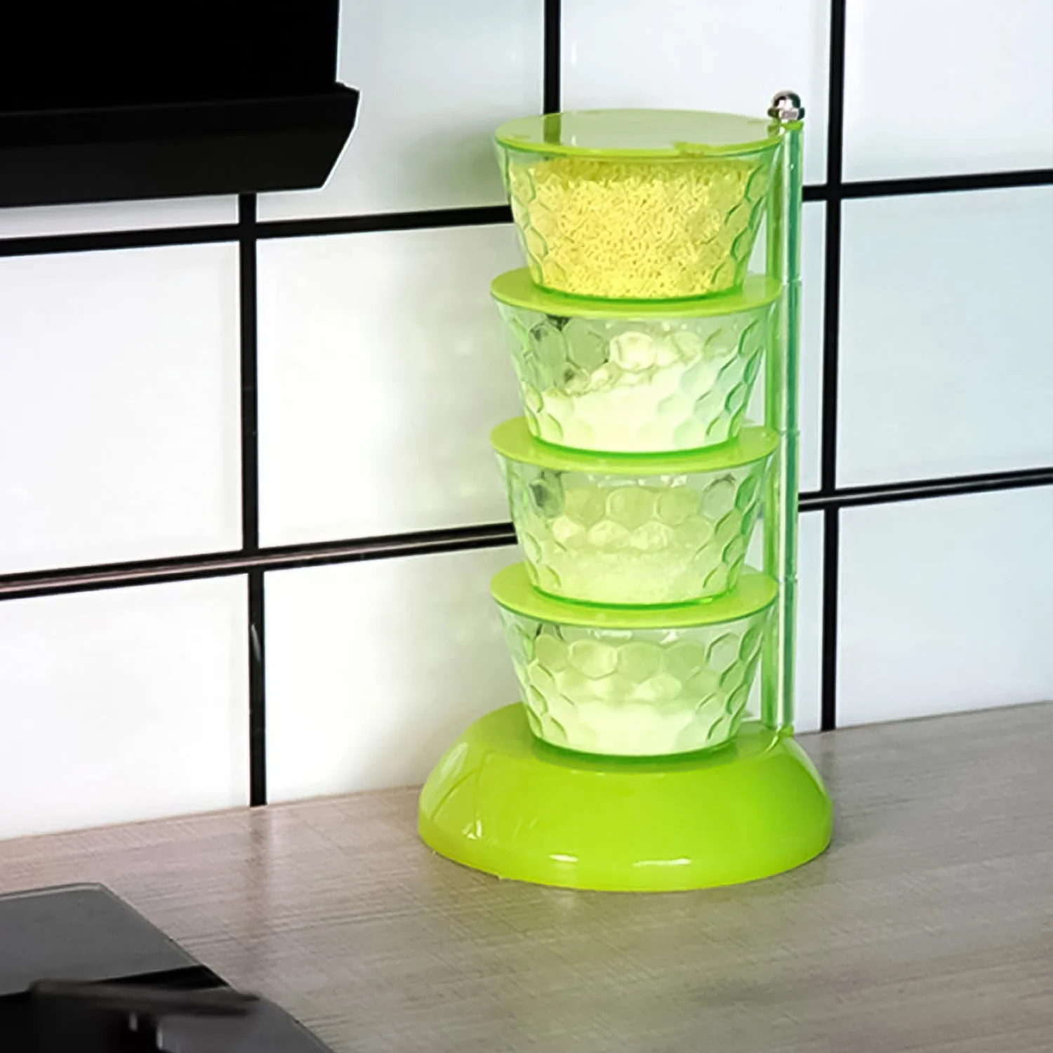 4 Section 360° Rotating Box Plastic Pickle Tower Spice Rack with 4 Spoons 1 Set - Image 3