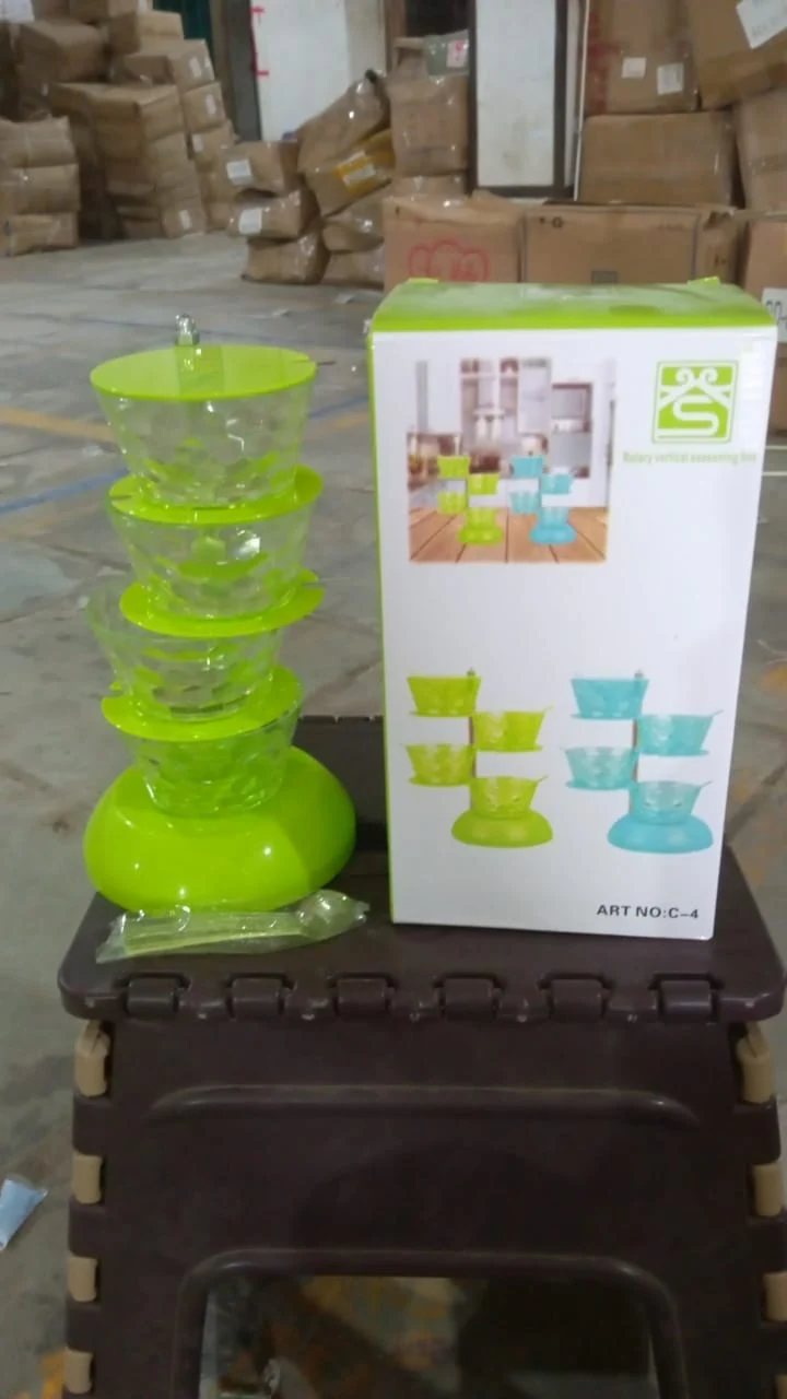 4 Section 360° Rotating Box Plastic Pickle Tower Spice Rack with 4 Spoons 1 Set - Image 6