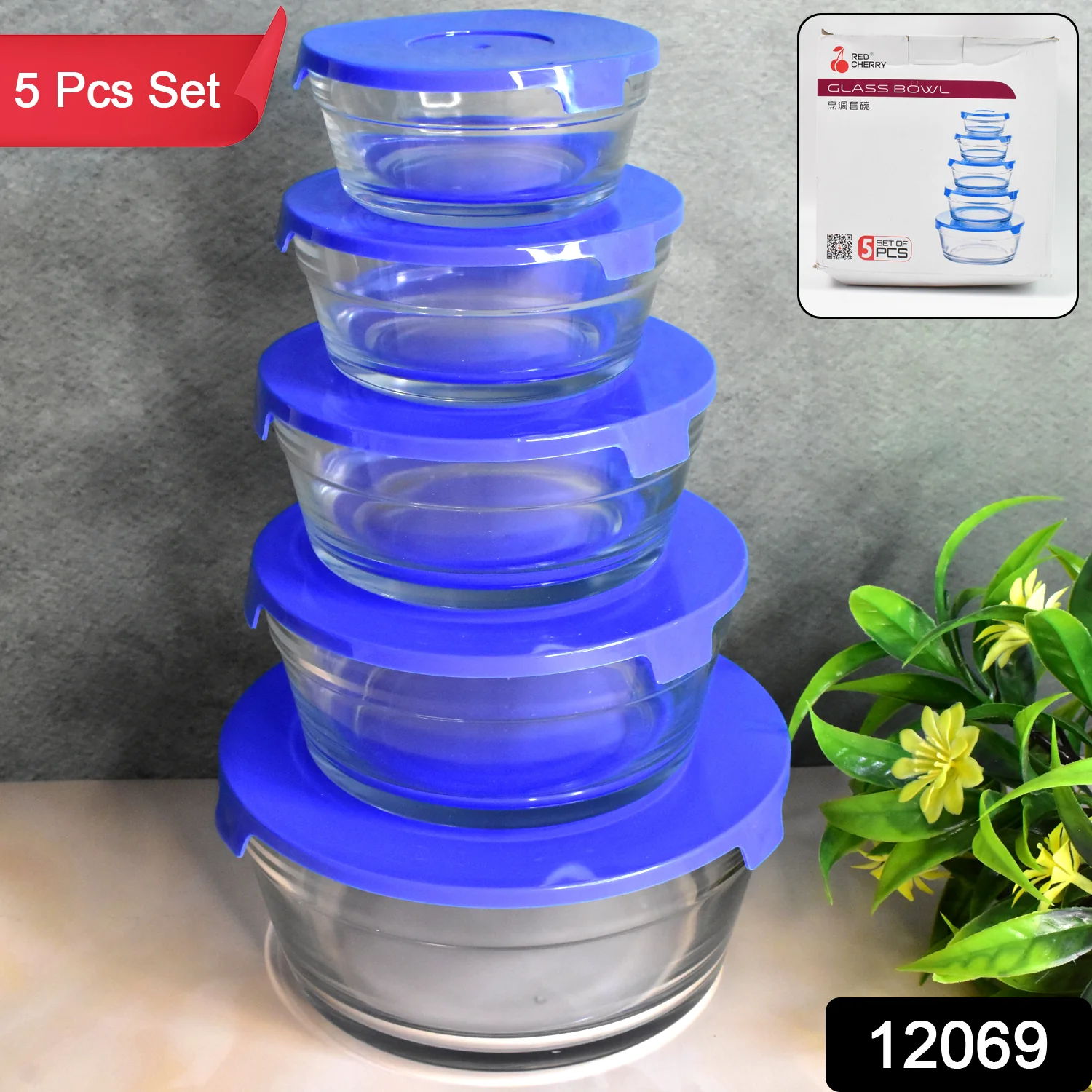 Modern Glass Bowl Set Mixing / Storage Bowls with Lids (5 Pcs Set) - Image 2