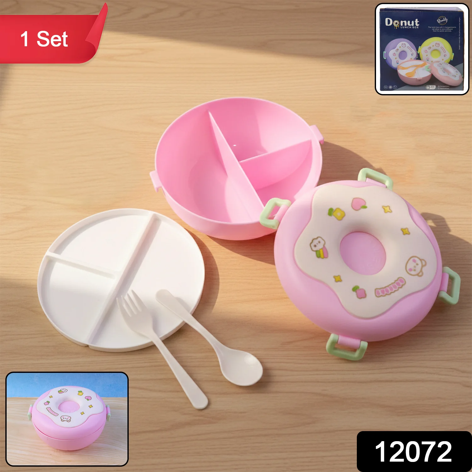 Donut Shaped Double Insulated 3 Compartment Lunch Box (1 Pc / Mix Color) - Image 2
