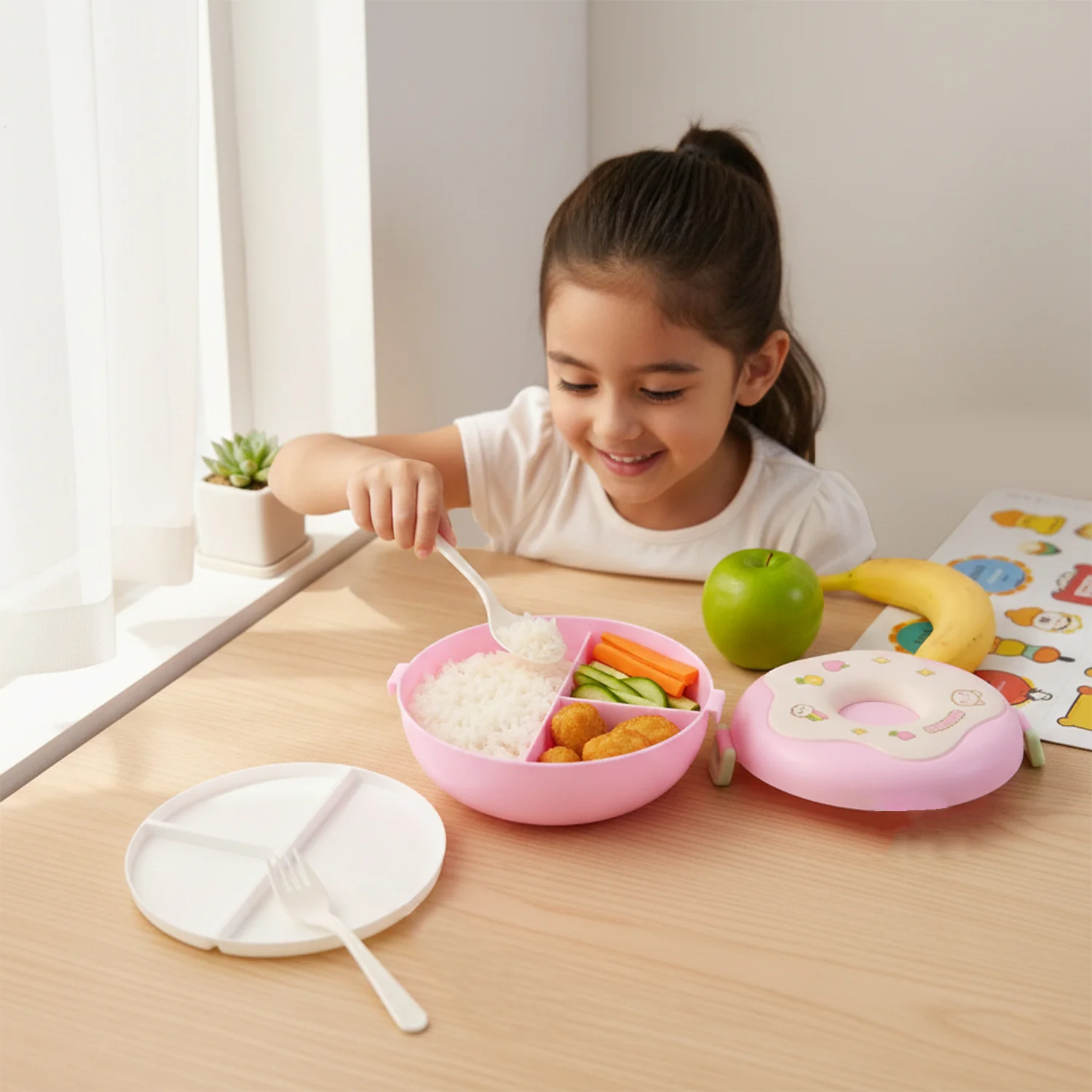 Donut Shaped Double Insulated 3 Compartment Lunch Box (1 Pc / Mix Color) - Image 8