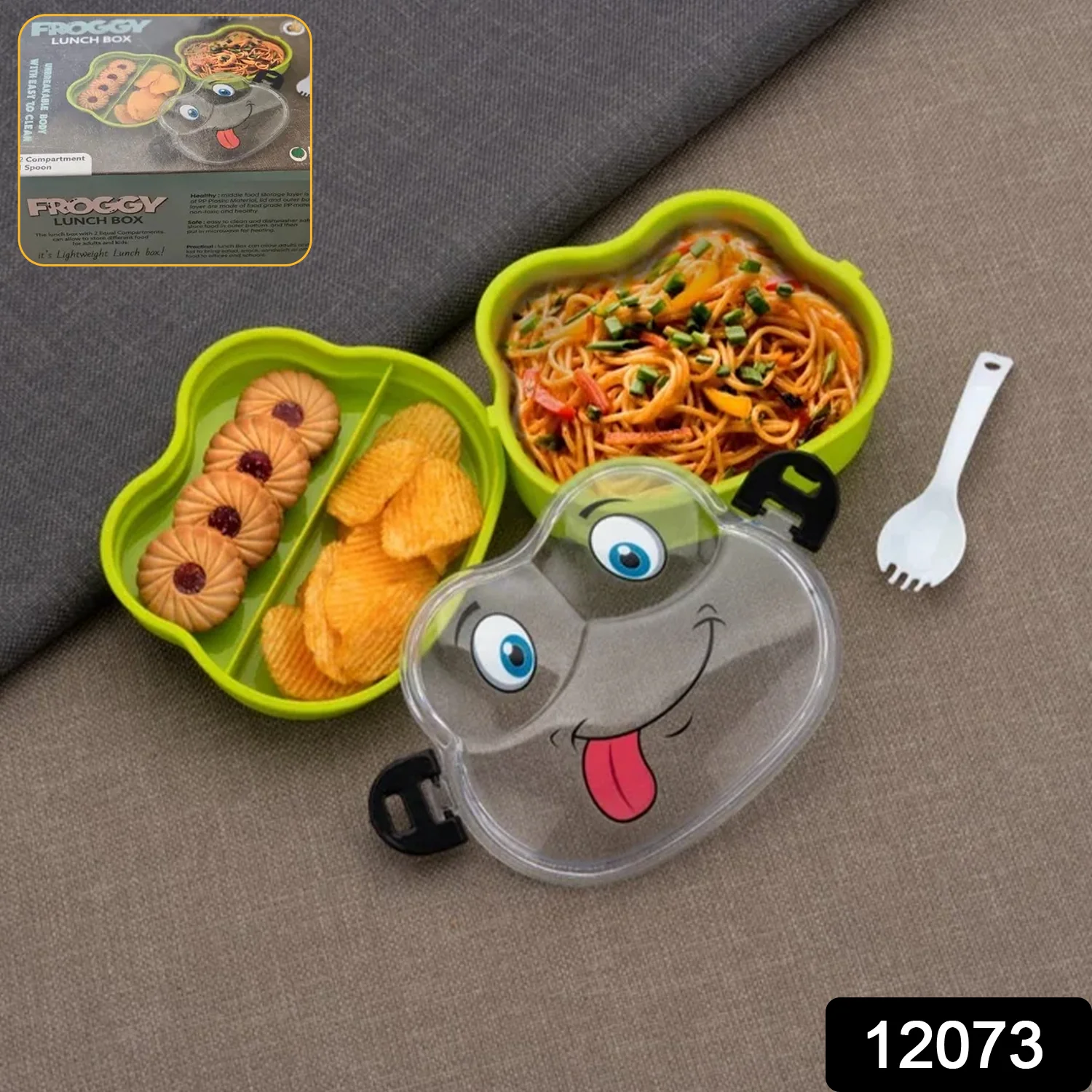 Double Layer Froggy Shape Lunch Box with Spoon (1 Pc / Mix Color) - Image 2