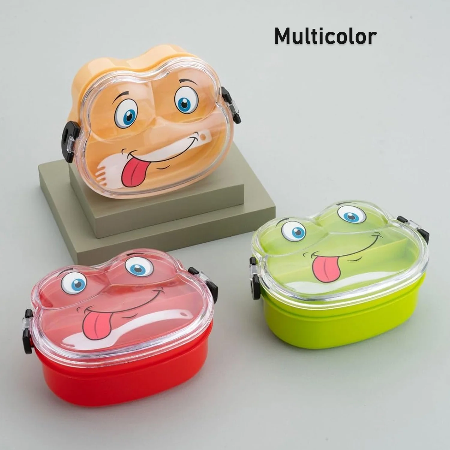 Double Layer Froggy Shape Lunch Box with Spoon (1 Pc / Mix Color) - Image 4