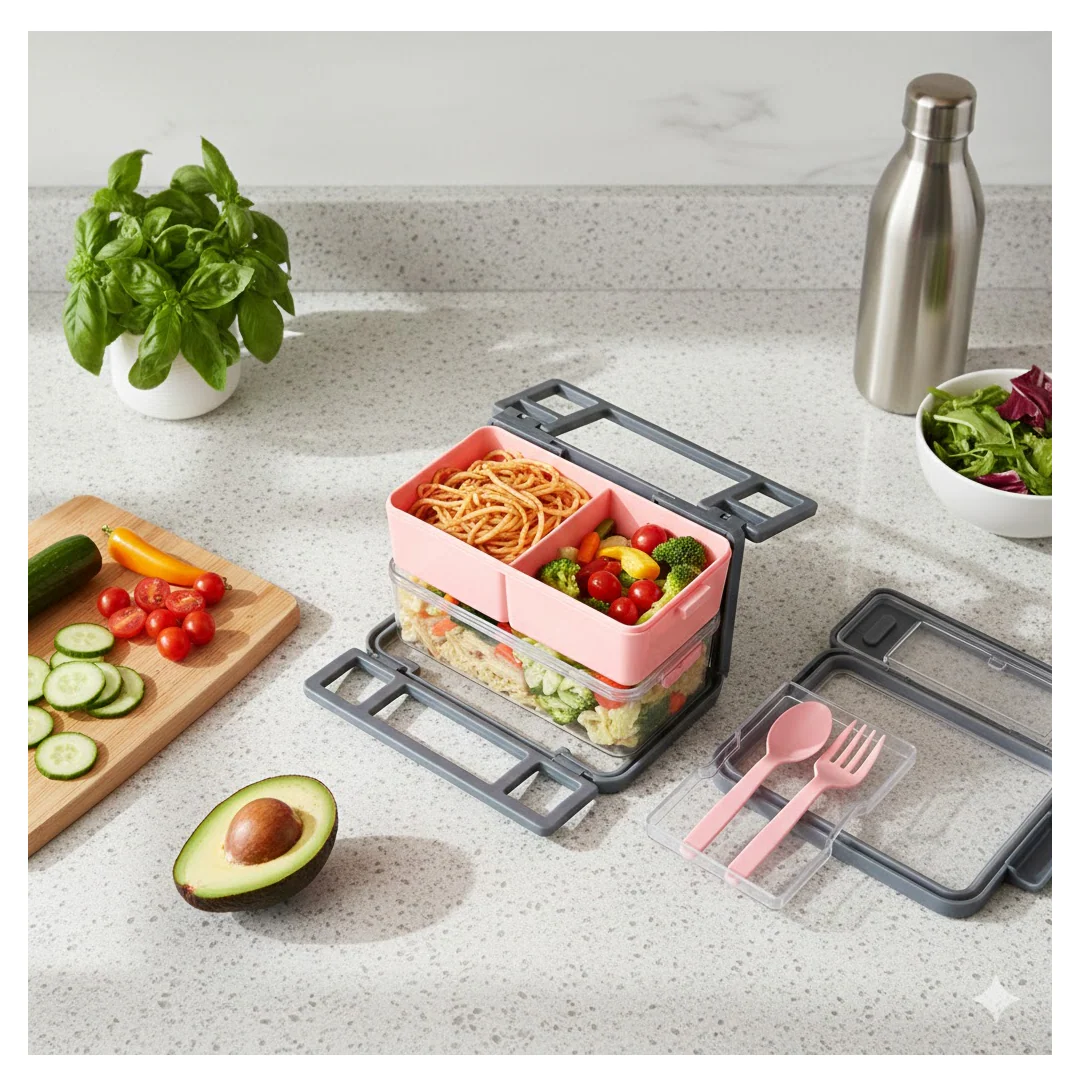 Plastic 2 Layer Leak Proof 3 Compartment Lunch Box for Office  (1 Pc) - Image 6