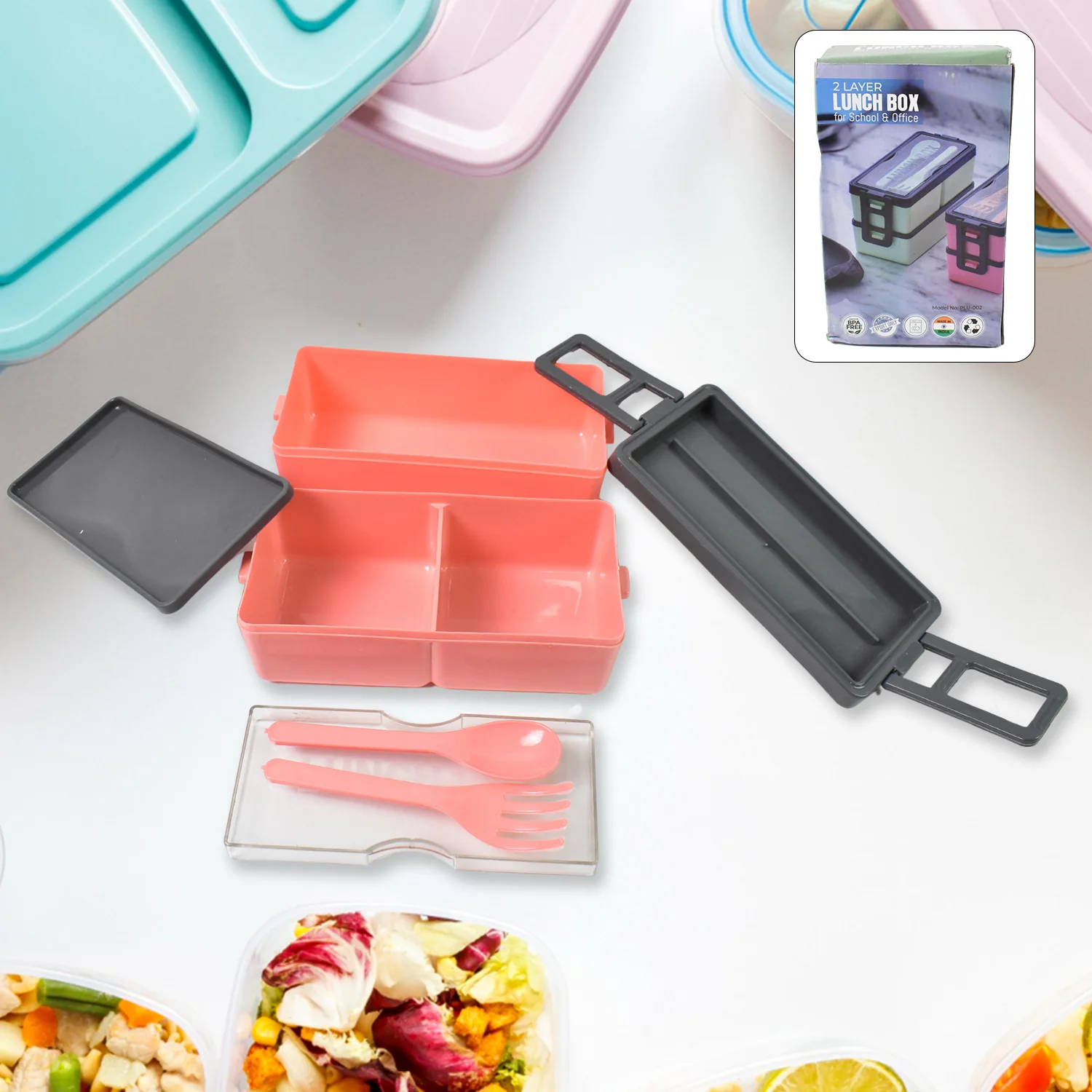 Plastic 2 Layer Leak Proof 3 Compartment Lunch Box for Office  (1 Pc) - Image 7