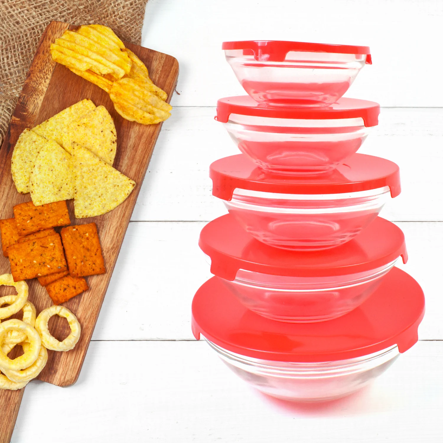 Modern Glass Bowl Set, Mixing / Storage Bowls with Red Lids (5 Pcs Set)