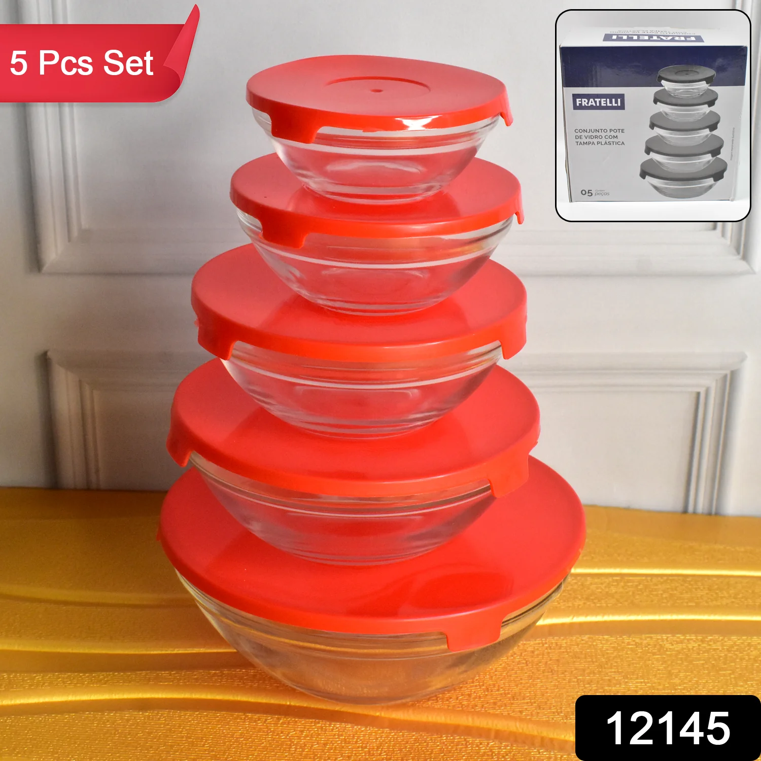 Modern Glass Bowl Set, Mixing / Storage Bowls with Red Lids (5 Pcs Set) - Image 2