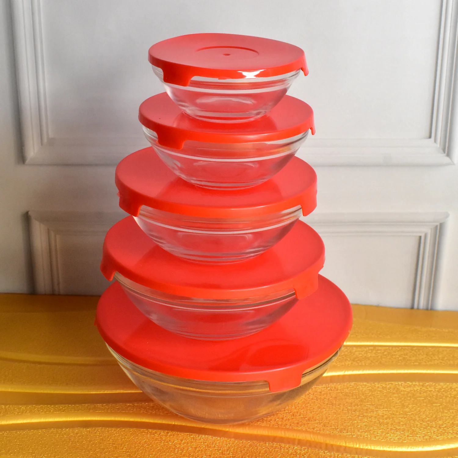 Modern Glass Bowl Set, Mixing / Storage Bowls with Red Lids (5 Pcs Set) - Image 3