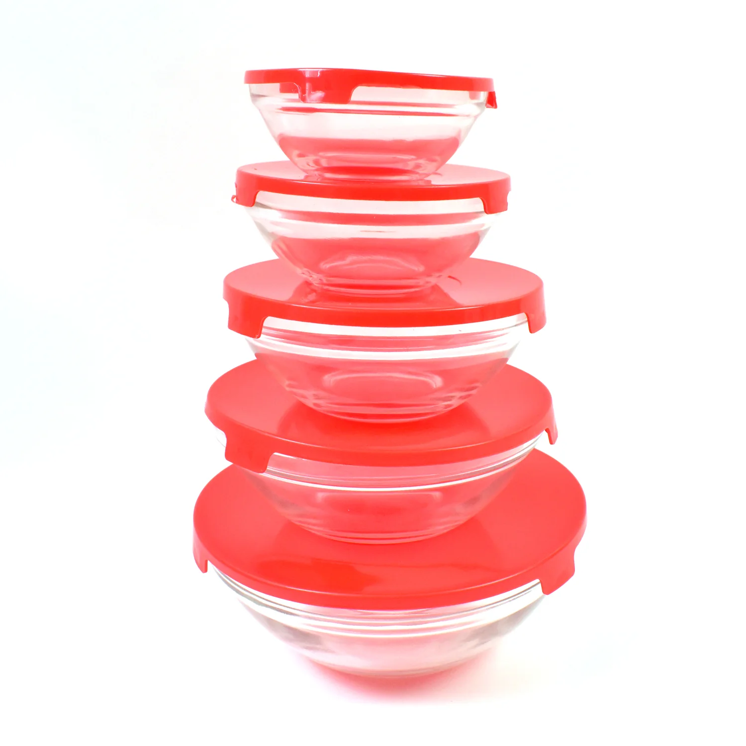 Modern Glass Bowl Set, Mixing / Storage Bowls with Red Lids (5 Pcs Set) - Image 6