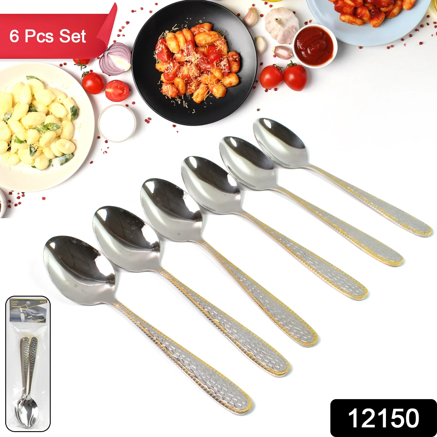 Stainless Steel Gold Bordered Textured Spoons Gold Plated Handle Set of 6 Pc - Image 2