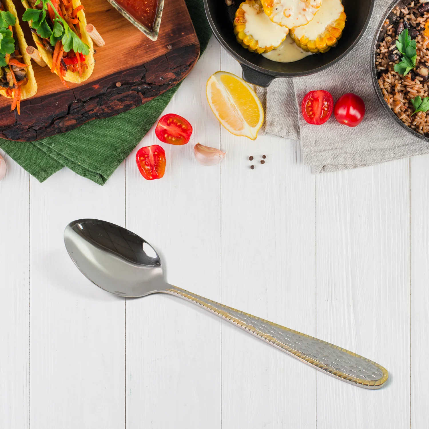 Stainless Steel Gold Bordered Textured Spoons Gold Plated Handle Set of 6 Pc - Image 4