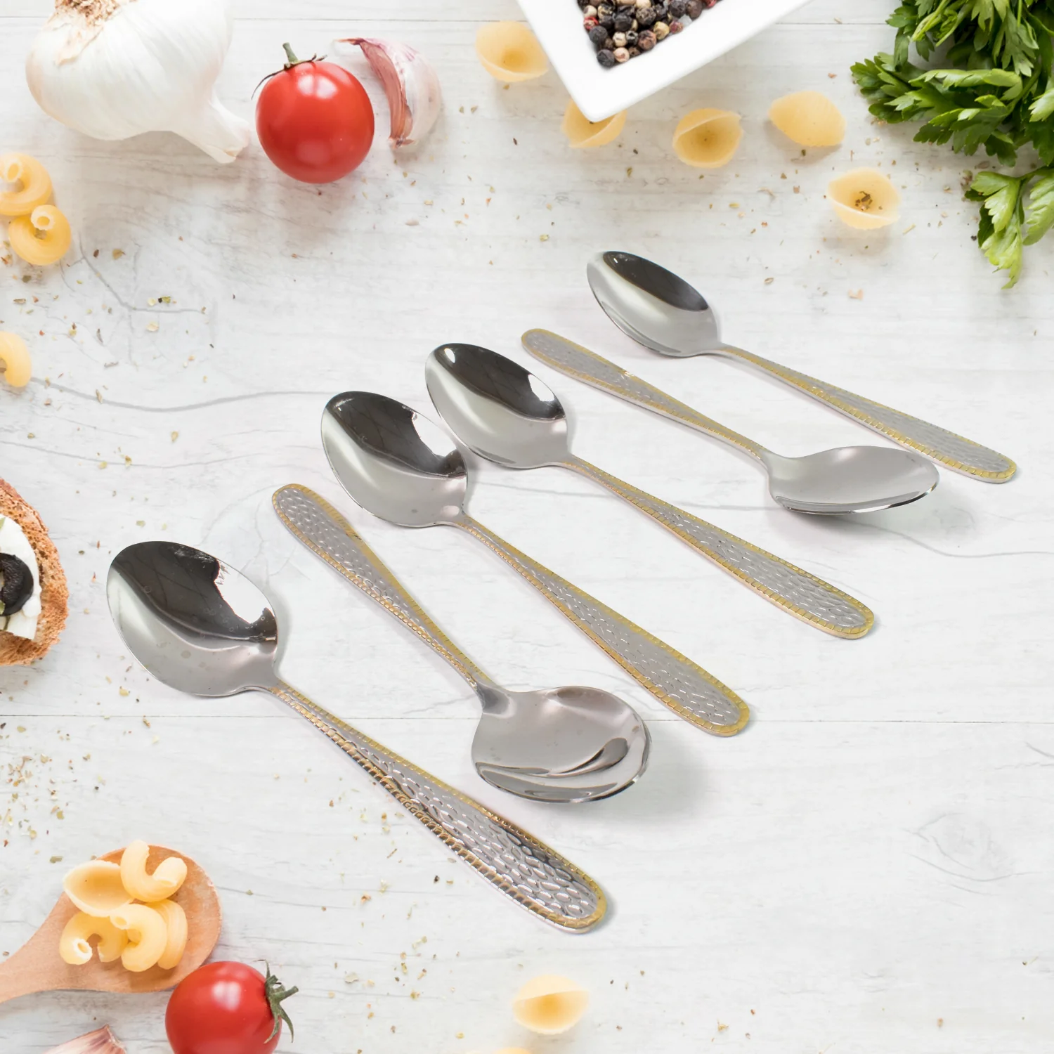 Stainless Steel Gold Bordered Textured Spoons Gold Plated Handle Set of 6 Pc - Image 5