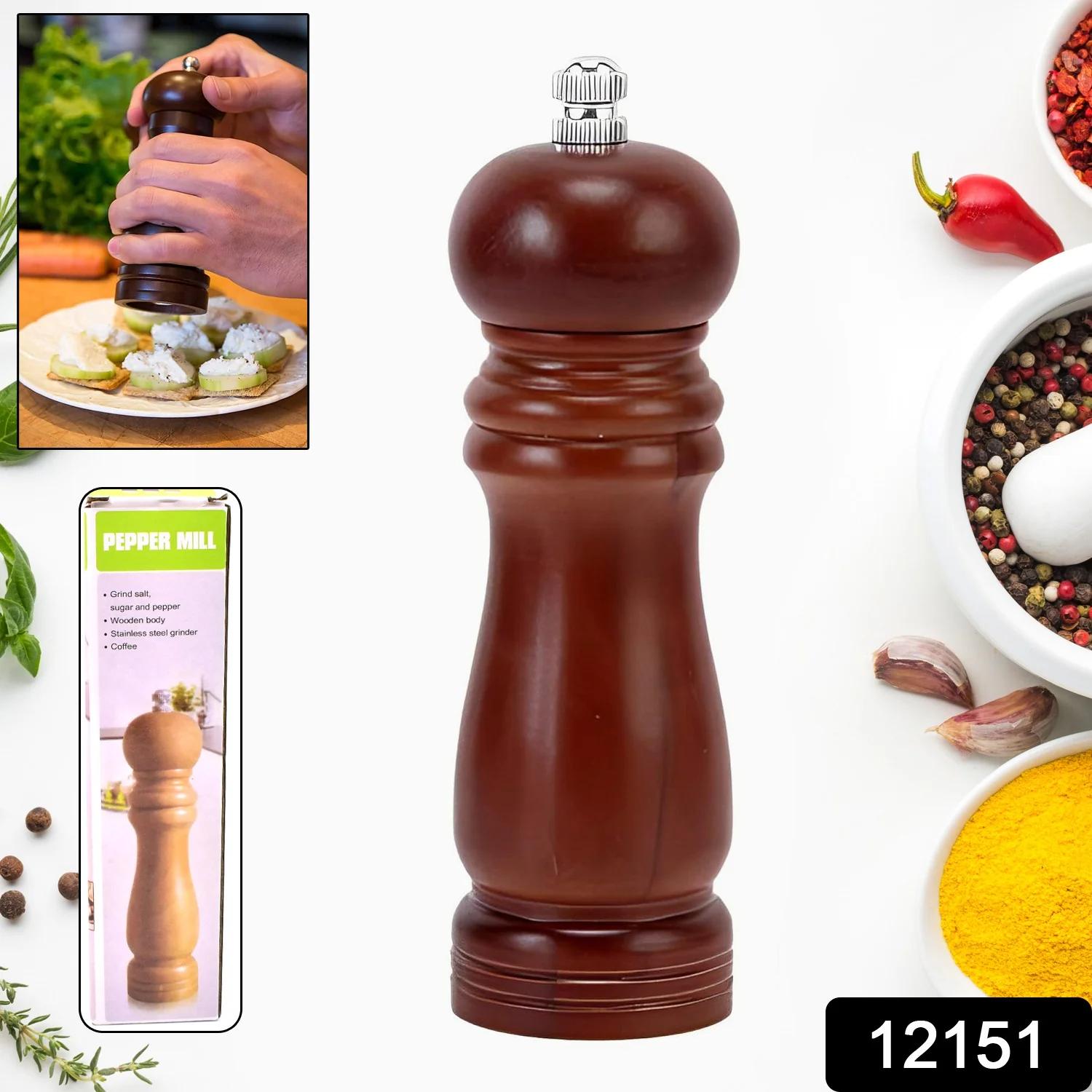 Wooden Pepper Mill 6 inch Tall - Best Pepper Grinder (1 Pc) - Image 2